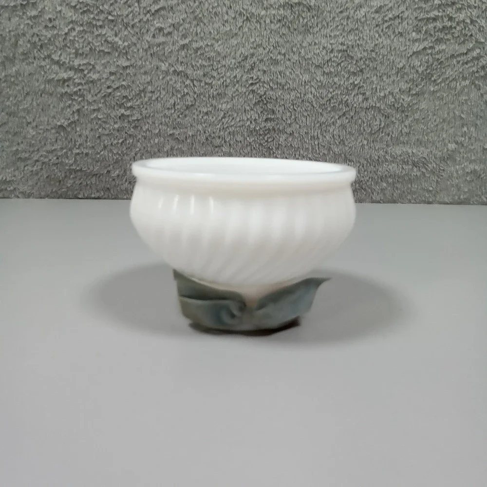 Vintage White‎ Milk Glass Swirl Ribbed Small Bowl with Green Velvet Bow Accent